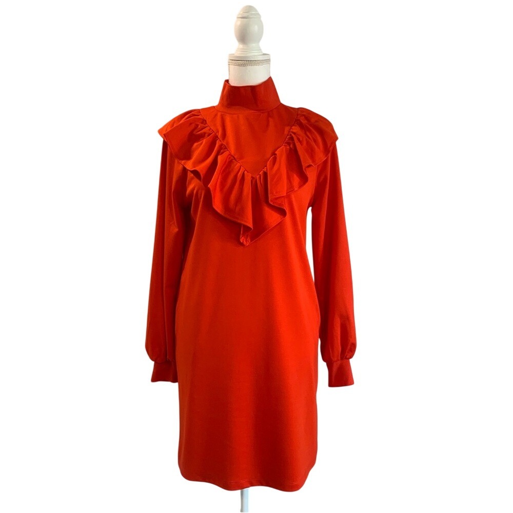 Who What Wear Woman XS Red Holiday Ruffled Preppy long sleeve Mini Stretch Dress